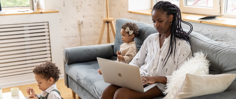 Remote working mum with child